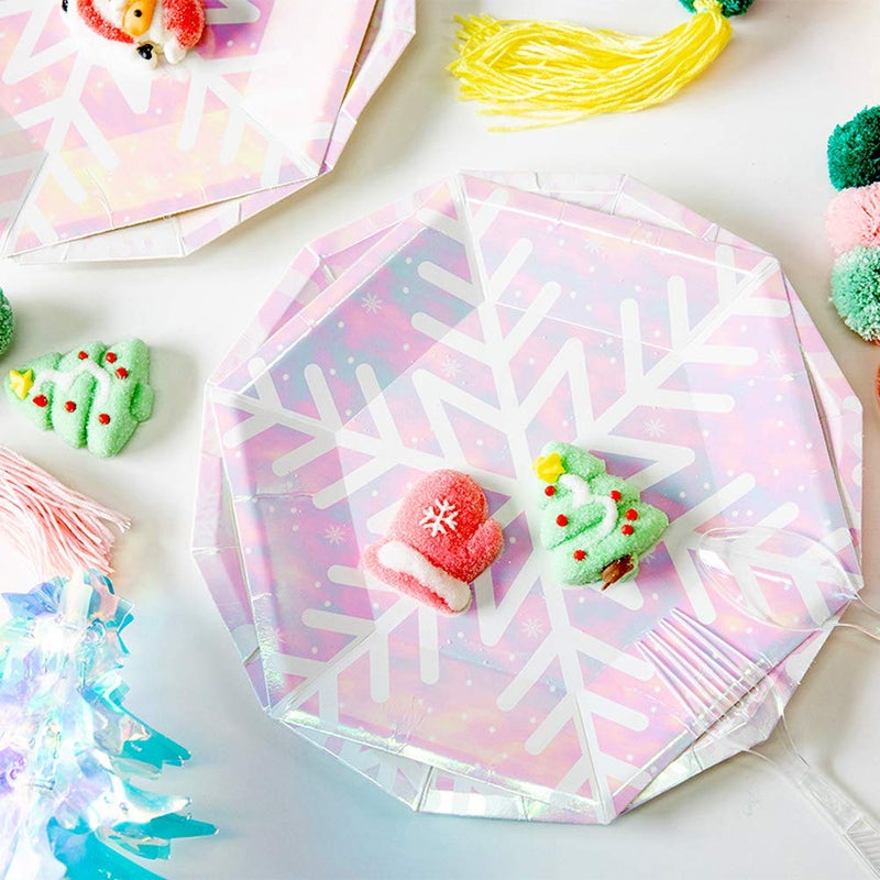 Ipalmay Christmas Snowflake Party Supplies Set Serves 16, Iridescent Pink Themed Party Supplies, Snowflake Paper Plates, Paper Napkins, Paper Cups Straws Spoons Forks - Image 1